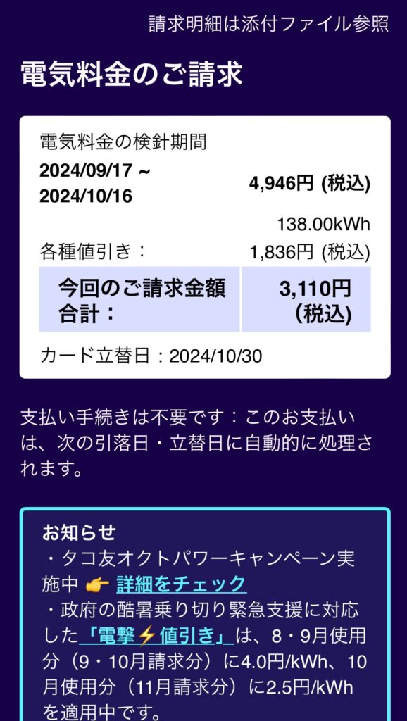 2024年10月度オクトパスエナジー利用明細